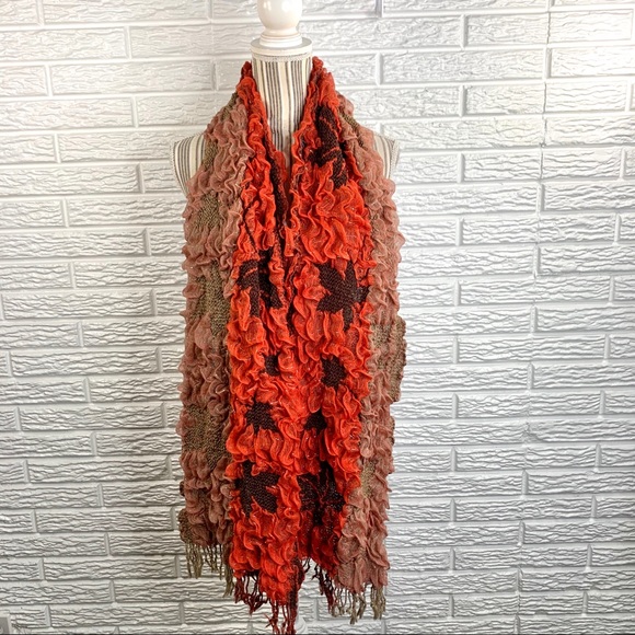5/$25 Ruffled Floral Scarf Orange Brown Silver - Picture 5 of 8